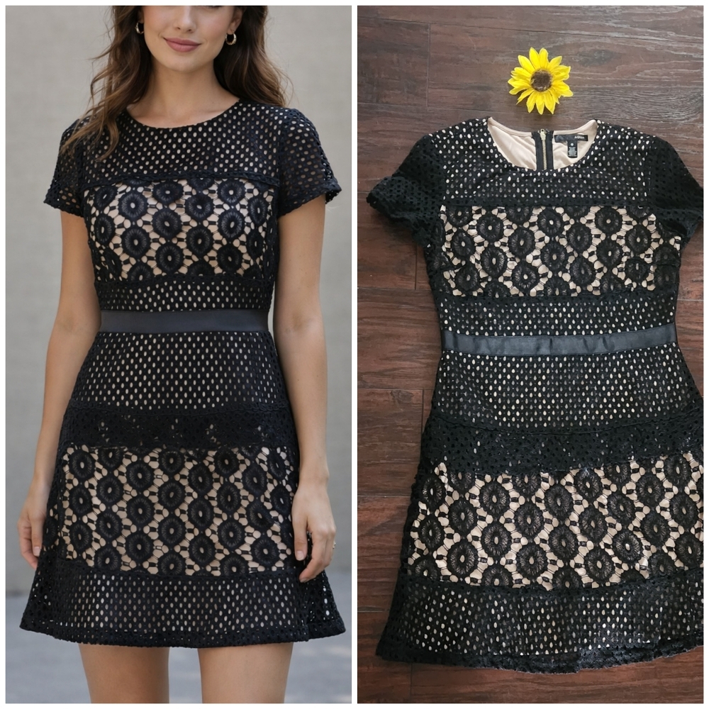 Aqua Black Lace Mini Dress with Nude Lining 🖤🖤